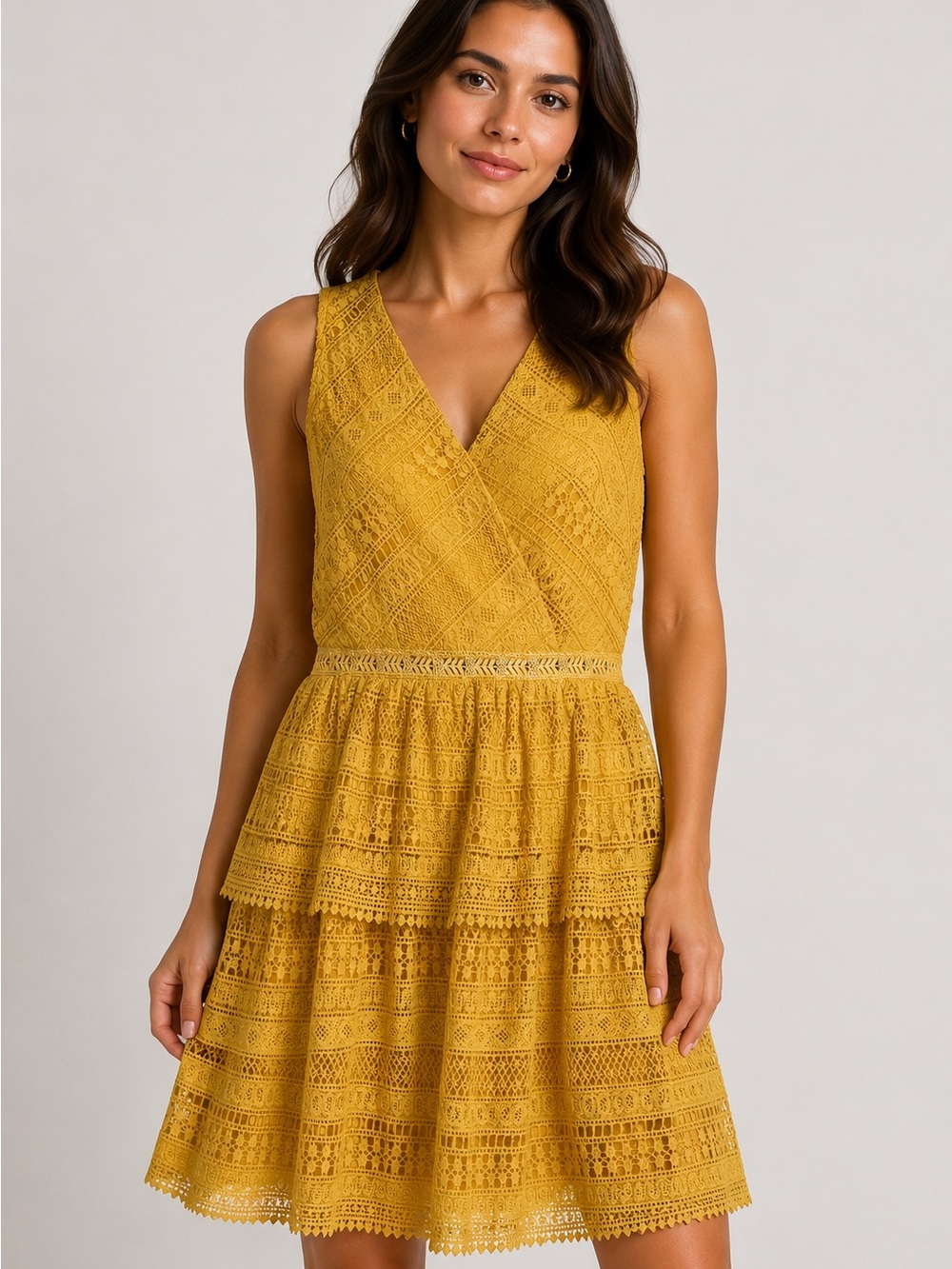 V-Neck Lace Tiered Mini Dress in Mustard